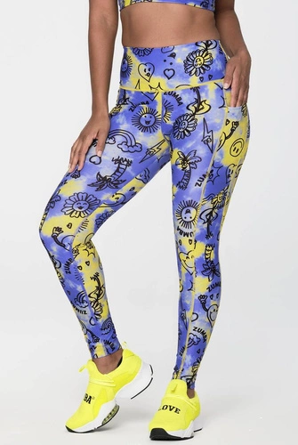 Legginsy sportowe z wysokim stanem fioletowe Zumba Happy